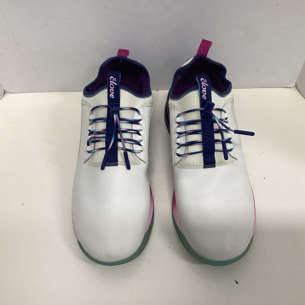 clove shoes women 12M nursing shoe white w/purple, pink accents